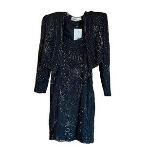 Shalini Black Embellished Beaded Silk Cocktail Sleeveless Dress & Jacket Medium